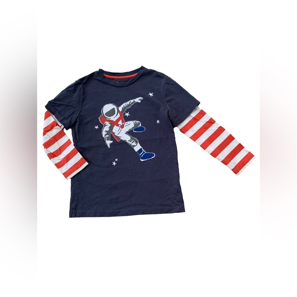 Mini Boden Size 6-7 Outer Space Astronaut Applique Layered Long Sleeve Shirt